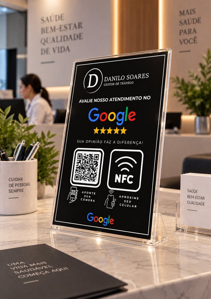 Modelo de plaquinha Avaliação Google, QR Code + NFC, fundo preto