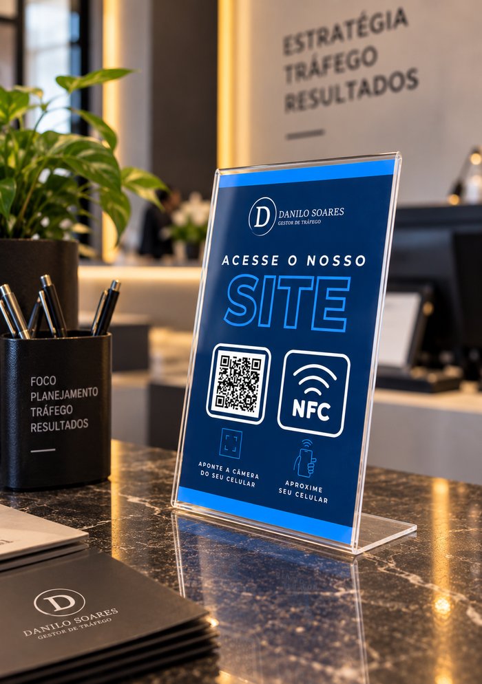 Modelo de plaquinha Site, QR Code + NFC, fundo azul