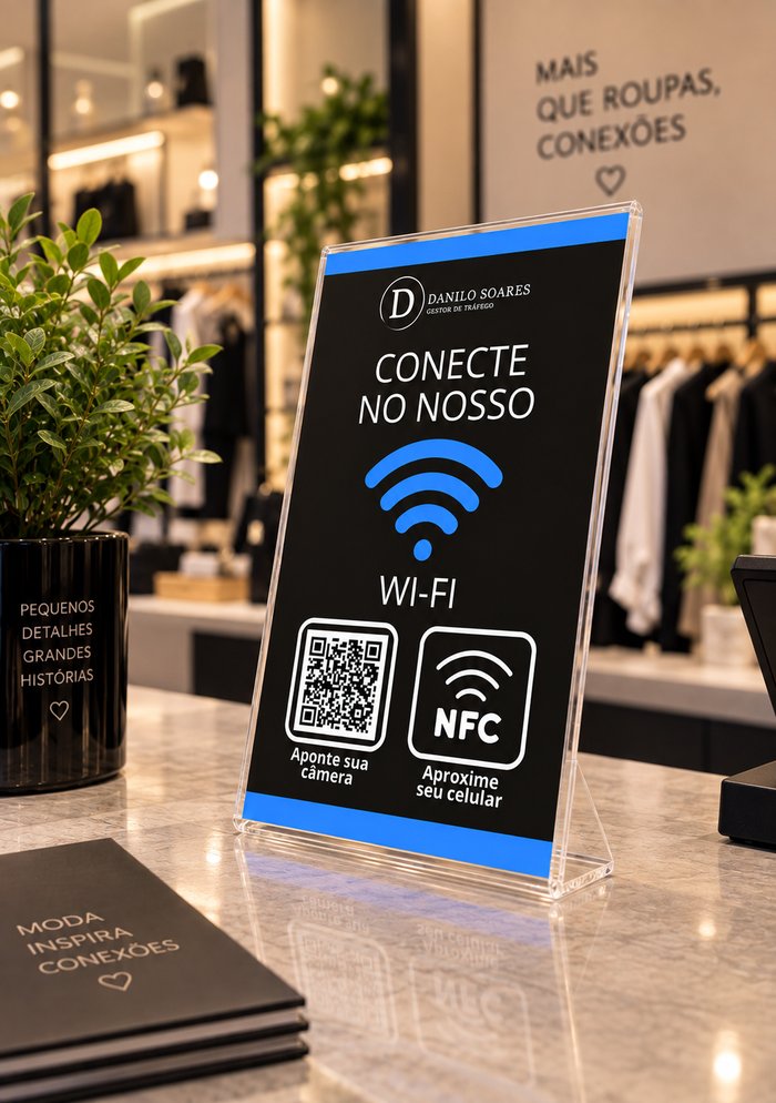 Modelo de plaquinha Wi-Fi, QR Code + NFC, fundo preto