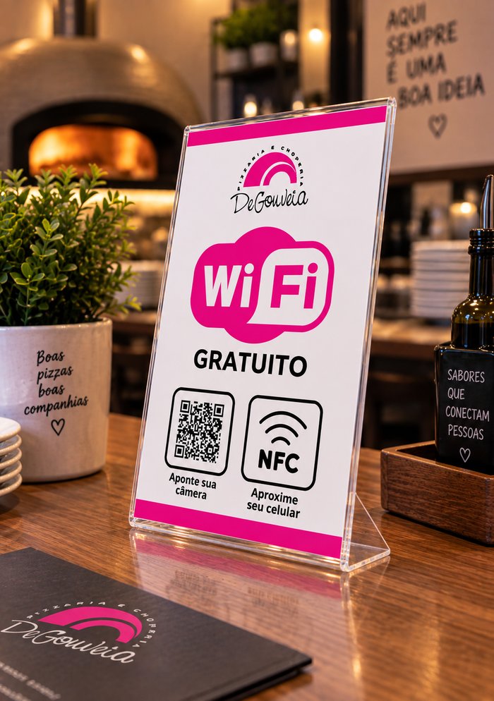 Modelo de plaquinha Wi-Fi, QR Code + NFC, fundo branco