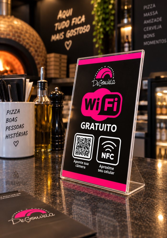 Modelo de plaquinha Wi-Fi, QR Code + NFC, fundo preto